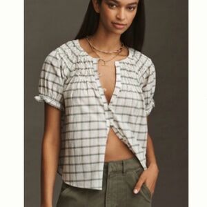 Anthropologie White and Green Plaid Blouse Medium M